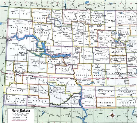 North Dakota state county map with roads cities towns counties highway