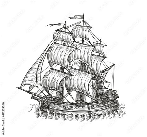 Vintage wooden ship with sails. Navigation sketch vector illustration ...