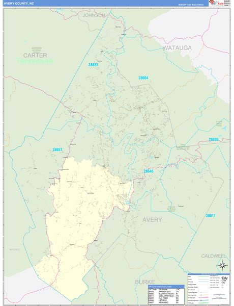 Avery County, NC Zip Code Wall Map Basic Style by MarketMAPS - MapSales