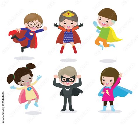 Cartoon set of Kids Superheroes wearing comics costumes, children With ...