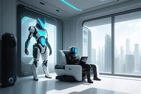 Premium AI Image | A futuristic robot assistant interacts with a person ...