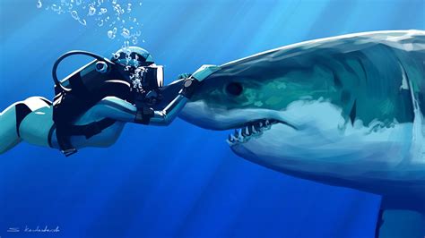 HD Wallpaper of a Diver Encountering a Shark