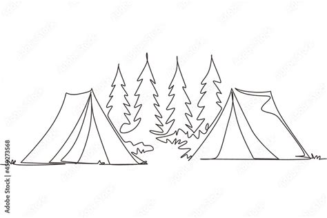 Continuous one line drawing two tents camping tourist pine forest mountain expedition. Travel ...