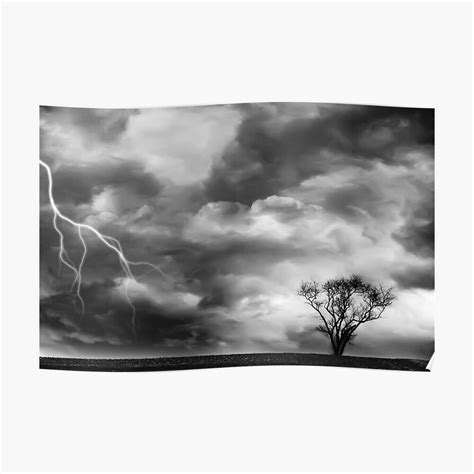 "Black and White Storm with Lightning and Tree" Poster by ...