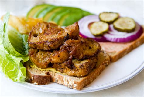 Smoky Maple Homemade Seitan Sandwich. Stacked. - HealthyHappyLife.com