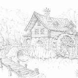 Detailed Printable Coloring Page WATERMILL Hand Drawn Vintage Style  sketch template