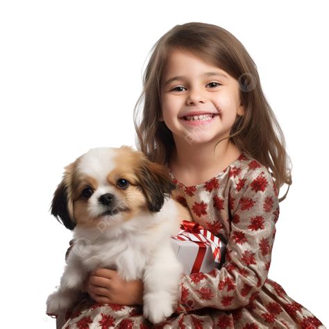 Little Girl Smiling While Holding Her Dog Next To Christmas Tree, Girl ...