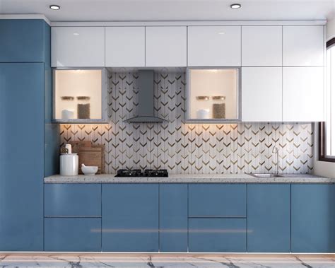 Modern Spacious Kitchen In Teal Blue And White | Livspace