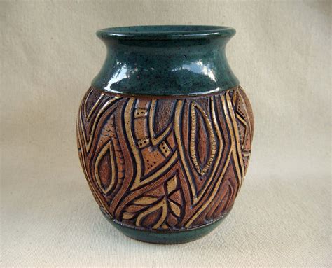 Pottery Handmade and Carved Leaf Design Vase Mossy Green