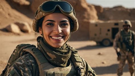 Premium Photo | A woman smiles in front of a military vehicle