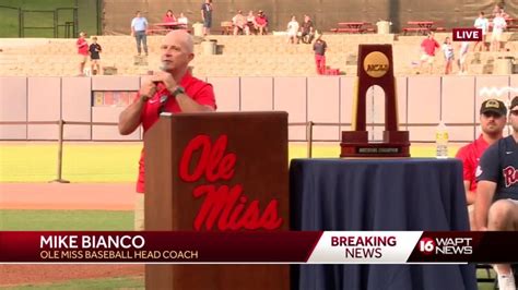 Ole Miss head baseball coach speaks during celebration