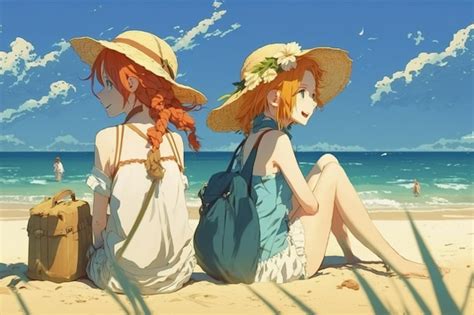 Premium AI Image | Anime girls sit on beach young pretty women on summer vacation