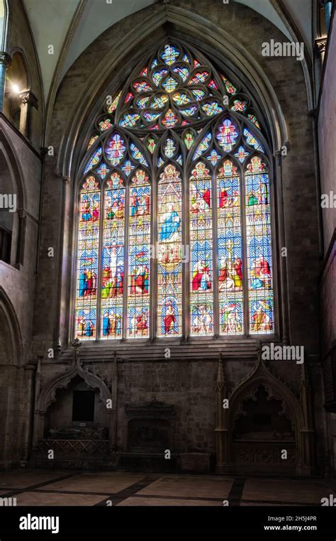 Stained glass window of Bible scenes in South Transept, Chichester Cathedral, UK. With thanks to ...