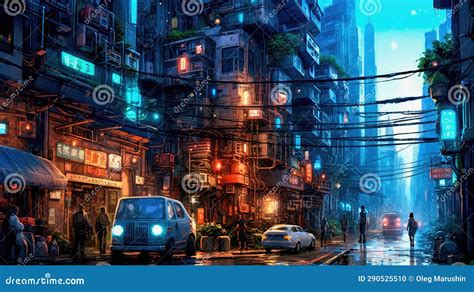 Lovely Anime Cyberpunk City Painting, Digital Painting, Night. Generative AI Stock Illustration ...