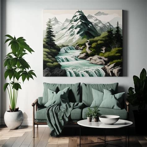 Premium AI Image | Painting of a mountain stream in a living room with a green couch generative ai