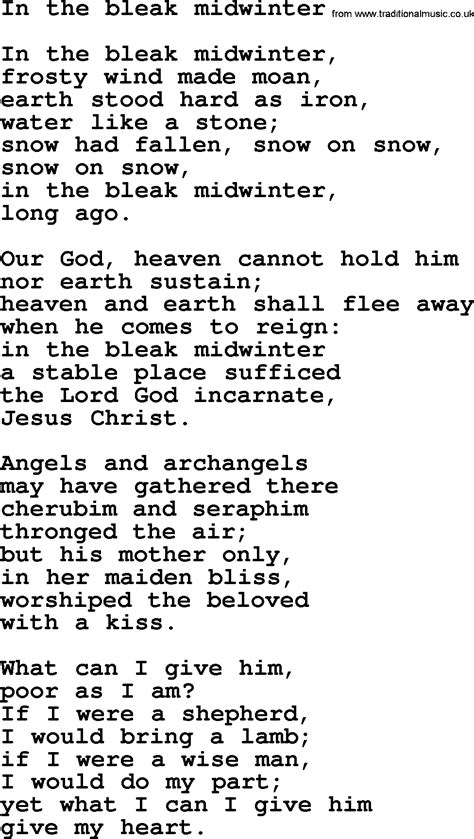 Epiphany Hymns, Song: In The Bleak Midwinter - complete lyrics, and PDF