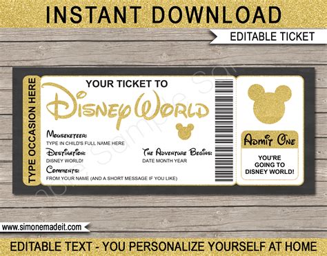 Disney World Trip Printable Template | Surprise Disney Trip Reveal | Gift Ticket