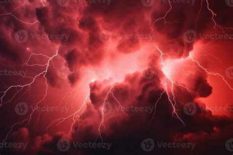 Intense red storm clouds electrified by dramatic bolts of lightning. AI Generated 28718519 Stock ...