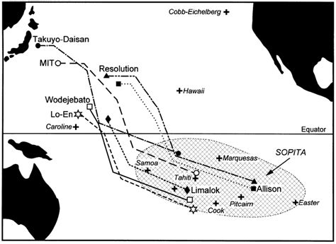 Present-day and original locations of the volcanism sampled on legs 143... | Download Scientific ...