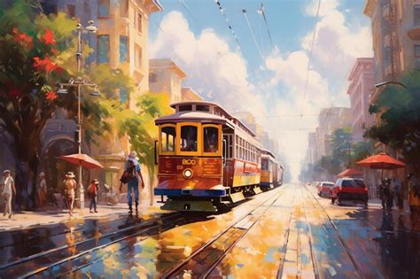 Premium AI Image | painting of a tram