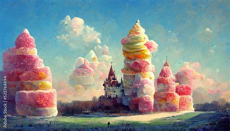 Candy land surreal landscape, castle made of candies. Digital art illustration Stock ...