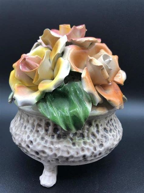 Capodimonte roses in three footed bowl porcelain flowers Italian ceramic | EstateSales.org