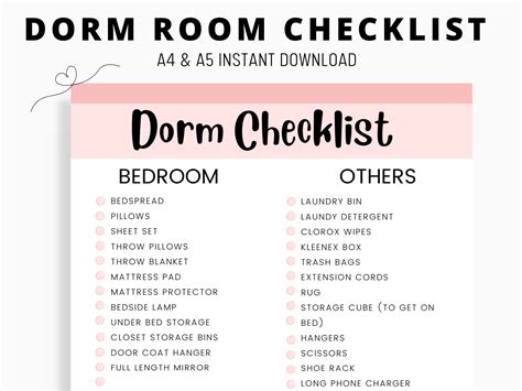 Dorm Room Essentials Checklist, First Year of College Packing List, Freshman Dorm Checklist ...