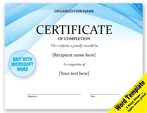 Contemporary Certificate Of Completion Template Digital Download Throughout Microsoft Word ...