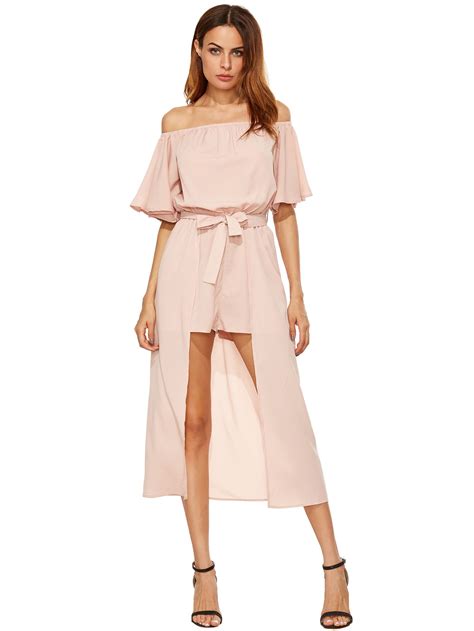 Off The Shoulder Jumpsuit With Skirt Overlay -SheIn(Sheinside) | Romper with skirt, Jumpsuits ...