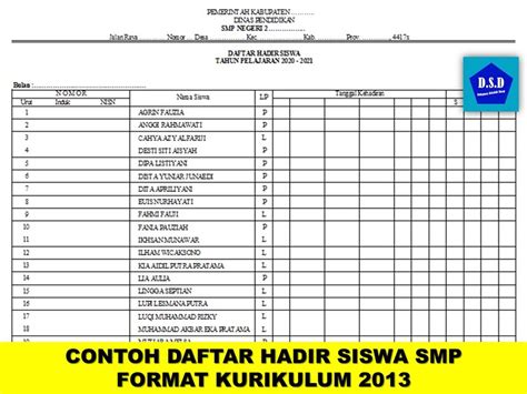 Contoh Daftar Hadir Siswa SMP Format Kurikulum 2013 - Dokumen Sekolah Dasar