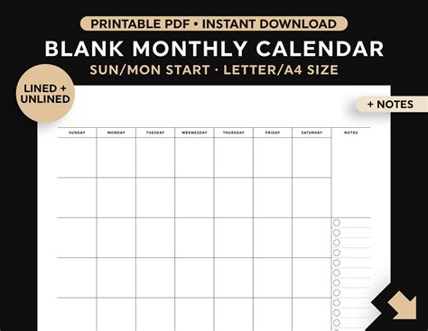 Blank Calendar Notes Printable Monthly Calendar Wall - Etsy