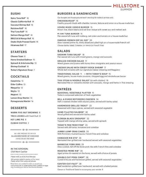 Hillstone menu, Menu restauracji Hillstone, Coral Gables, Miami ...