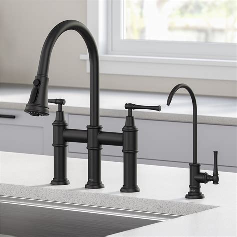 KRAUS Allyn Transitional Bridge Kitchen Faucet and Water Filter Faucet Combo in Matte Black ...