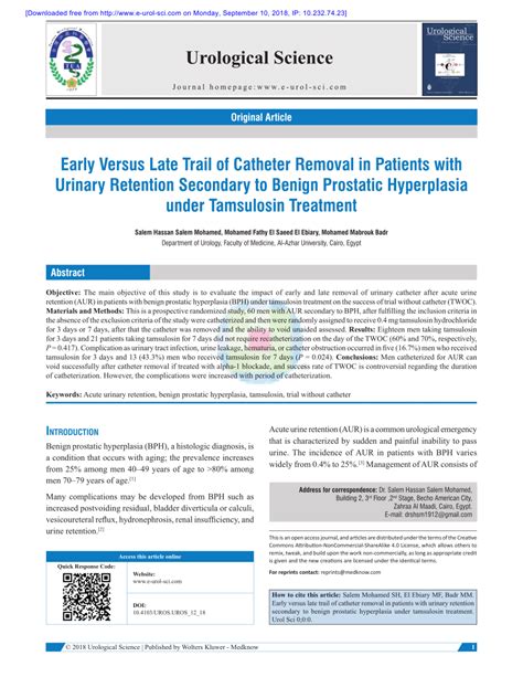 (PDF) Early versus late trail of catheter removal in patients with urinary retention secondary ...