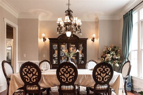 Formal traditional style dining room with Sherwin Williams Canvas Tan walls. Kylie M Interiors ...