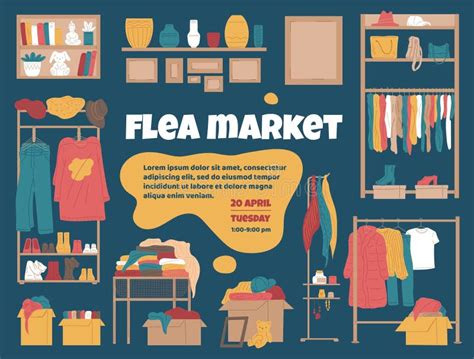 Flea Market Banner or Poster with Used Things Flat Vector Illustration ...