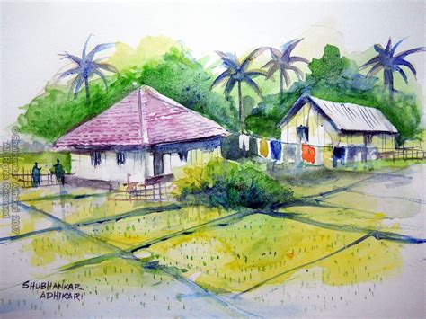 Shubhankar Adhikari Fine Art: Beautiful Indian Village Scene in watercolor