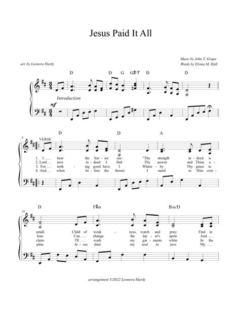 Jesus Paid It All (arr. Leonora Hardy) by John T. Grape and Elvina Hall Sheet Music for Piano ...