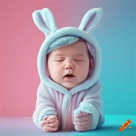 Baby sleeping in bed, bunny suit, pink, blue pastel color gradient curtains, cute, peaceful