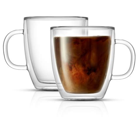 JoyJolt Double Wall Insulated Glass Coffee Mug (Set of 2) 13.5 oz with Handle for Hot or Cold ...