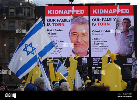 A screen displays people who were kidnapped by Hamas on 7th October 2023 in Israel during a pro ...