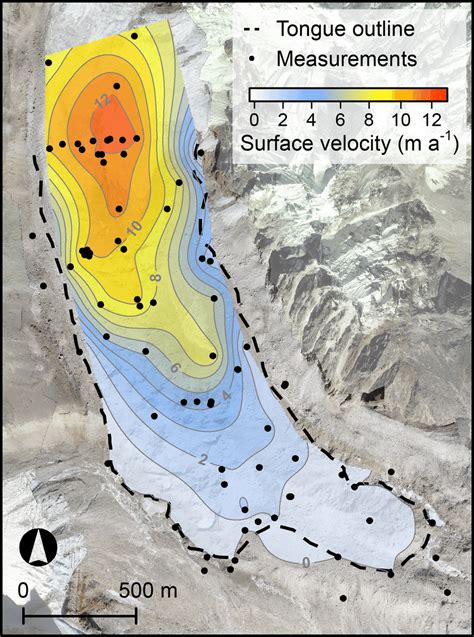 Map of measured glacier surface velocities (m a −1 ) and location of ...