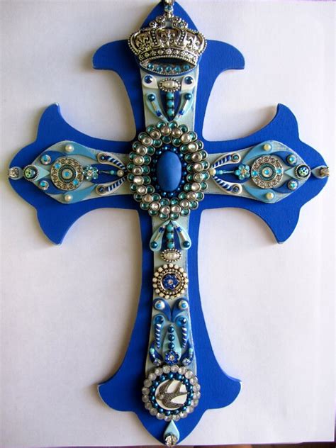 Items similar to Wall Cross Blue Decorative Cross Victorian fleur de lis Jeweled Embellished ...