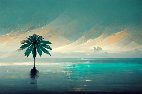 Premium AI Image | A painting of a palm tree in the ocean with a sunset ...