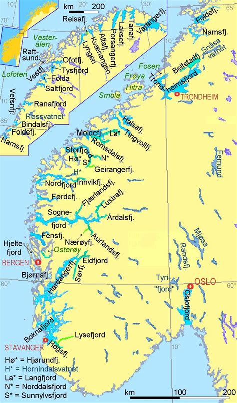 La norvegia dei fiordi mappa - Mappa di Norvegia mostrando fiordi (Europa del Nord - Europa)