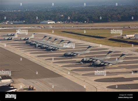 Aerial view of C-17 transport aircraft lined up at Charleston Air Force ...