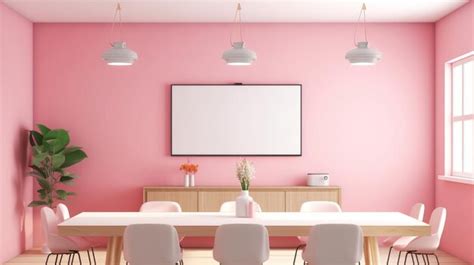 Premium AI Image | A mockup for a single frame tv 55 white screen Soft pink wall office meeting ...