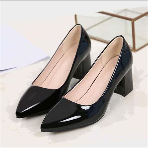 Fashion Office Formal Work Black glossy shoes Pointed toe Block Heels ...