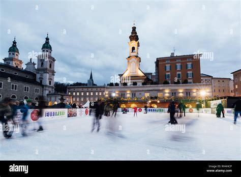 SALZBURG, AUSTRIA - DECEMBER 2018: people skating on the ice rink at ...