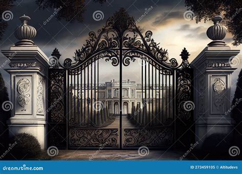 Iron Gates Open, with the View of a Grand and Luxurious Mansion Visible ...